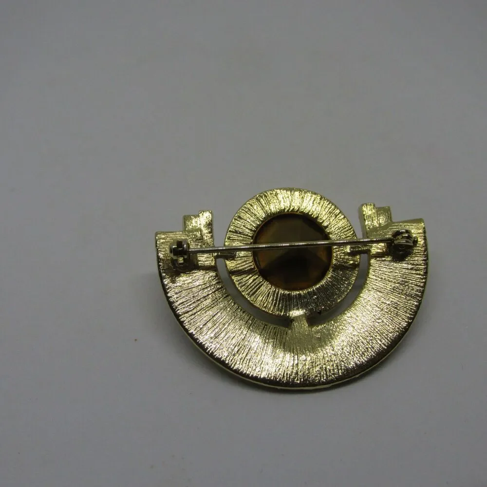 Vtg 1980s Art Deco Revival Brooch Black Teal Enamel Geometric Fan Rhinestone Pin